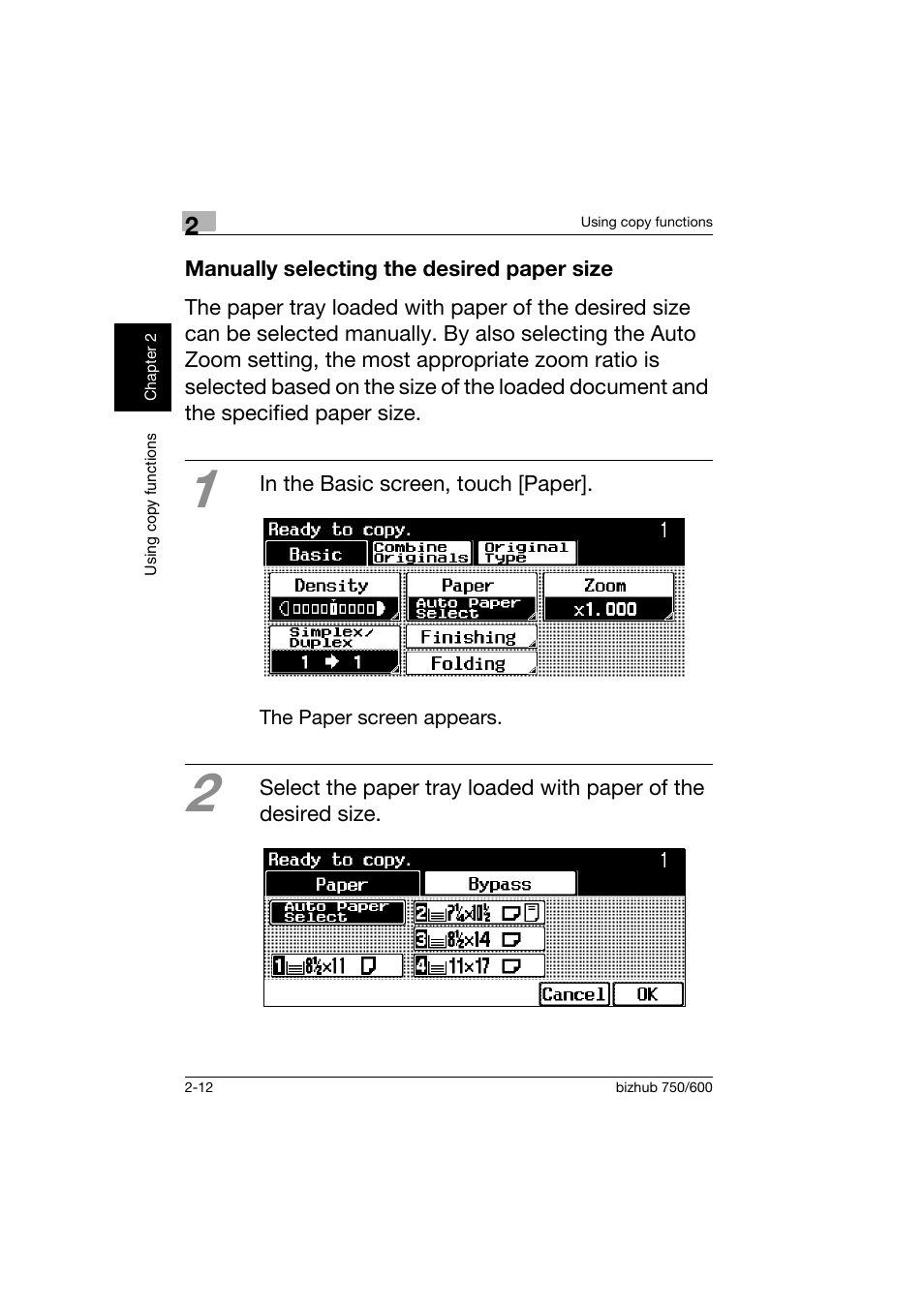 Manually selecting the desired paper size, Manually selecting the desired paper size -12 | Konica Minolta bizhub 750 User Manual | Page 49 / 150