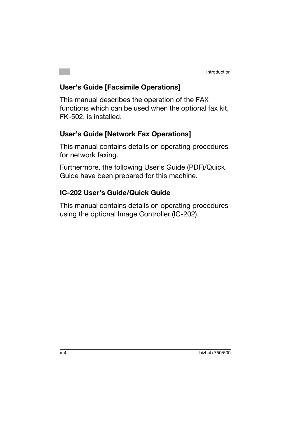 User’s guide [facsimile operations, User’s guide [network fax operations, Ic-202 user’s guide/quick guide | Konica Minolta bizhub 750 User Manual | Page 5 / 150