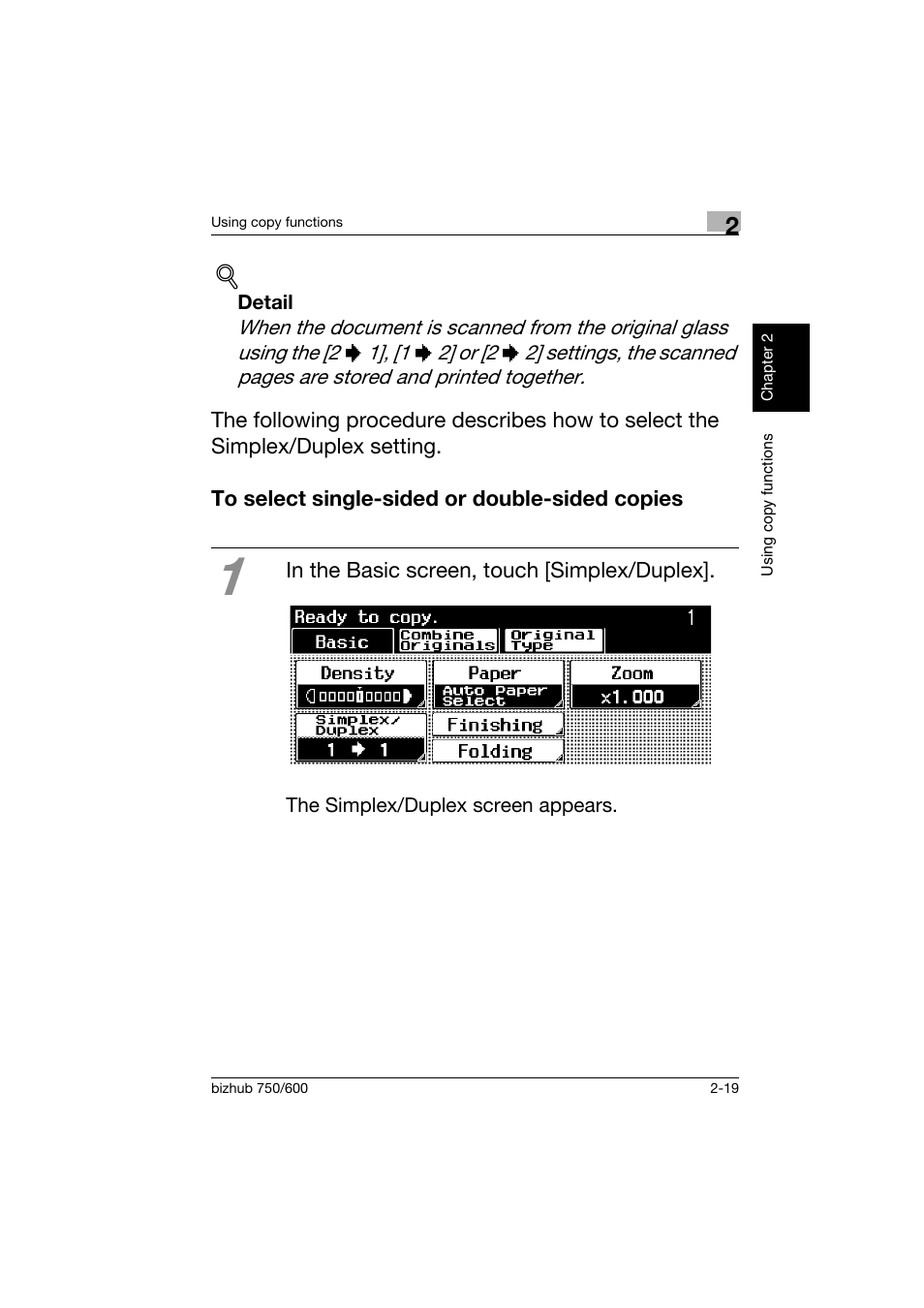 To select single-sided or double-sided copies, To select single-sided or double-sided copies -19 | Konica Minolta bizhub 750 User Manual | Page 56 / 150