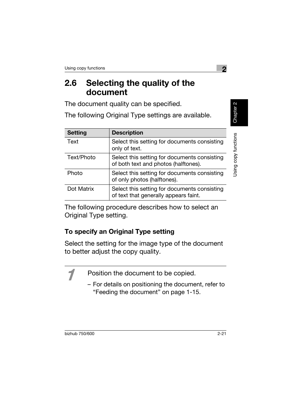 6 selecting the quality of the document, To specify an original type setting, 6 selecting the quality of the | Document -21, To specify an original type setting -21 | Konica Minolta bizhub 750 User Manual | Page 58 / 150