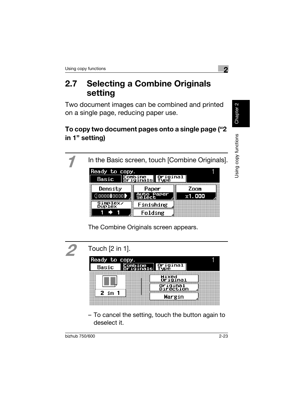 7 selecting a combine originals setting, 7 selecting a combine originals, Setting -23 | Konica Minolta bizhub 750 User Manual | Page 60 / 150