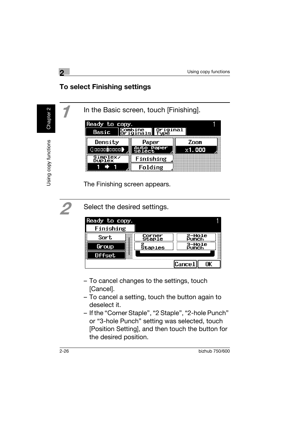 To select finishing settings, To select finishing settings -26 | Konica Minolta bizhub 750 User Manual | Page 63 / 150