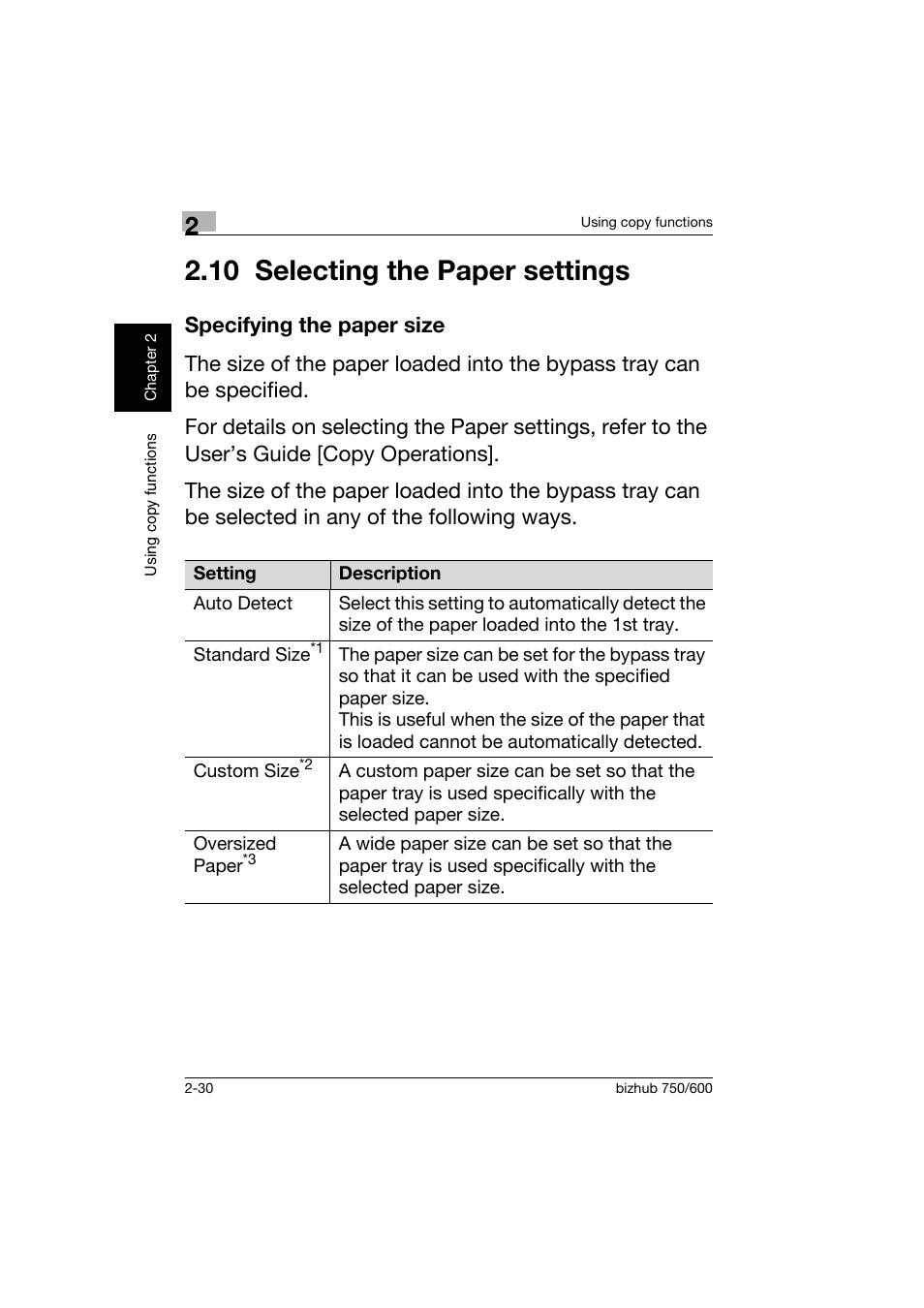 10 selecting the paper settings, Specifying the paper size, 10selecting the paper settings -30 | Specifying the paper size -30 | Konica Minolta bizhub 750 User Manual | Page 67 / 150