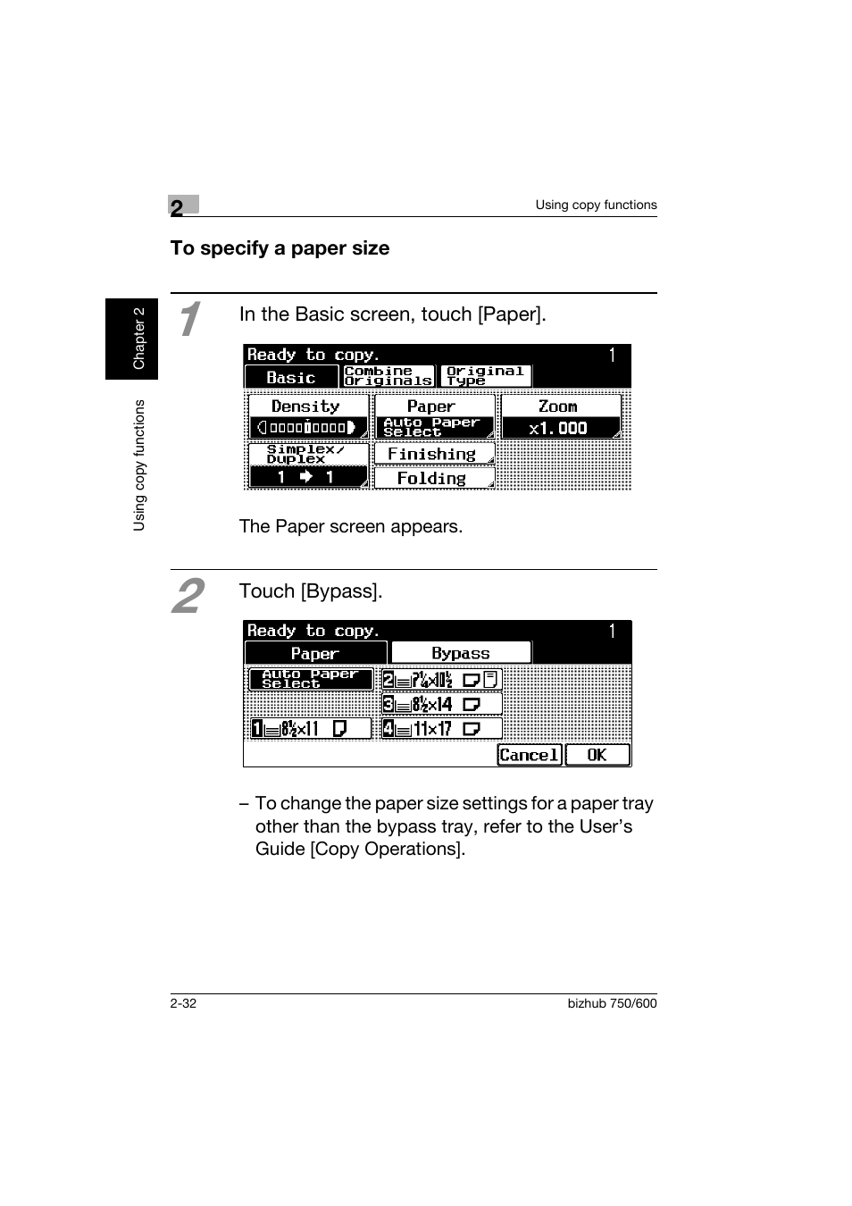 To specify a paper size, To specify a paper size -32 | Konica Minolta bizhub 750 User Manual | Page 69 / 150