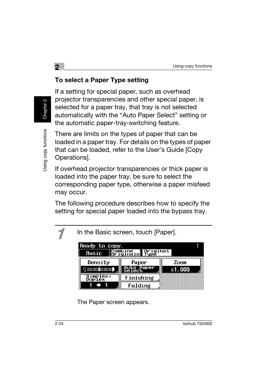 To select a paper type setting, To select a paper type setting -34 | Konica Minolta bizhub 750 User Manual | Page 71 / 150