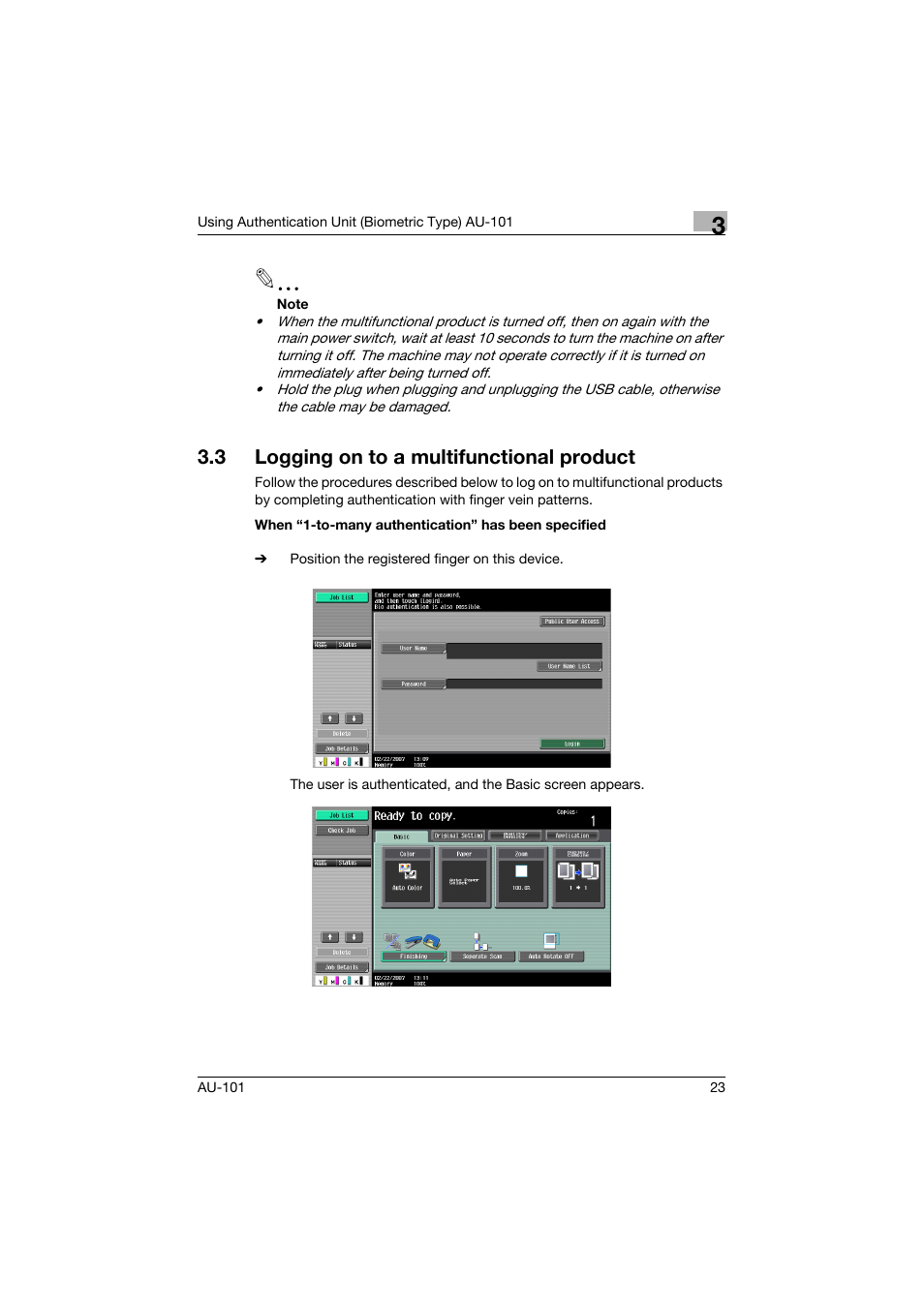 3 logging on to a multifunctional product, Logging on to a multifunctional product | Konica Minolta bizhub C451 User Manual | Page 24 / 44