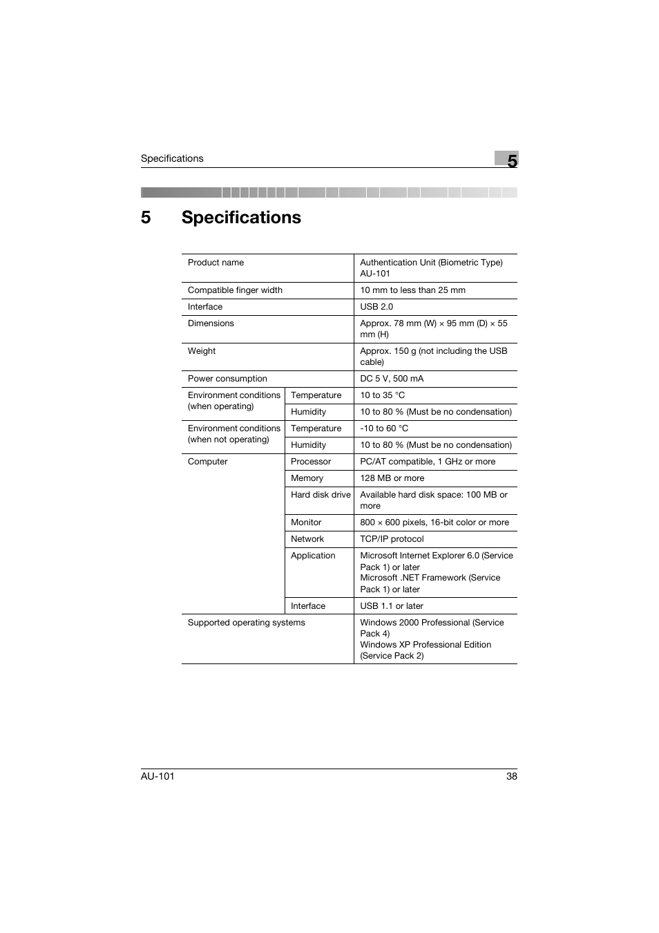 5 specifications, Specifications, 5specifications | Konica Minolta bizhub C451 User Manual | Page 39 / 44