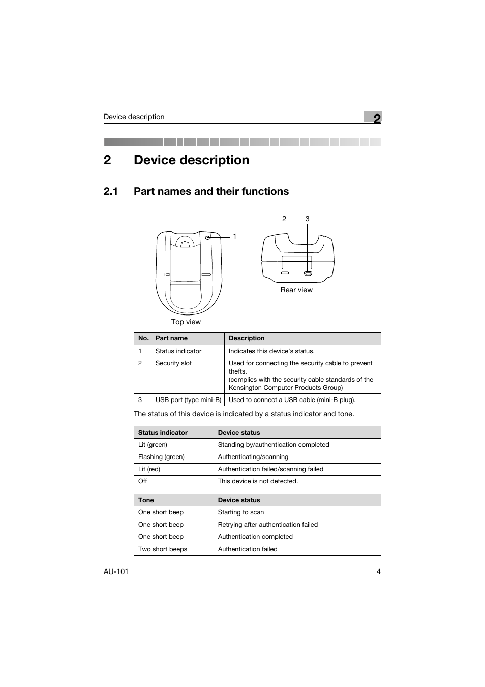 2 device description, 1 part names and their functions, Device description | Part names and their functions, 2device description | Konica Minolta bizhub C451 User Manual | Page 5 / 44