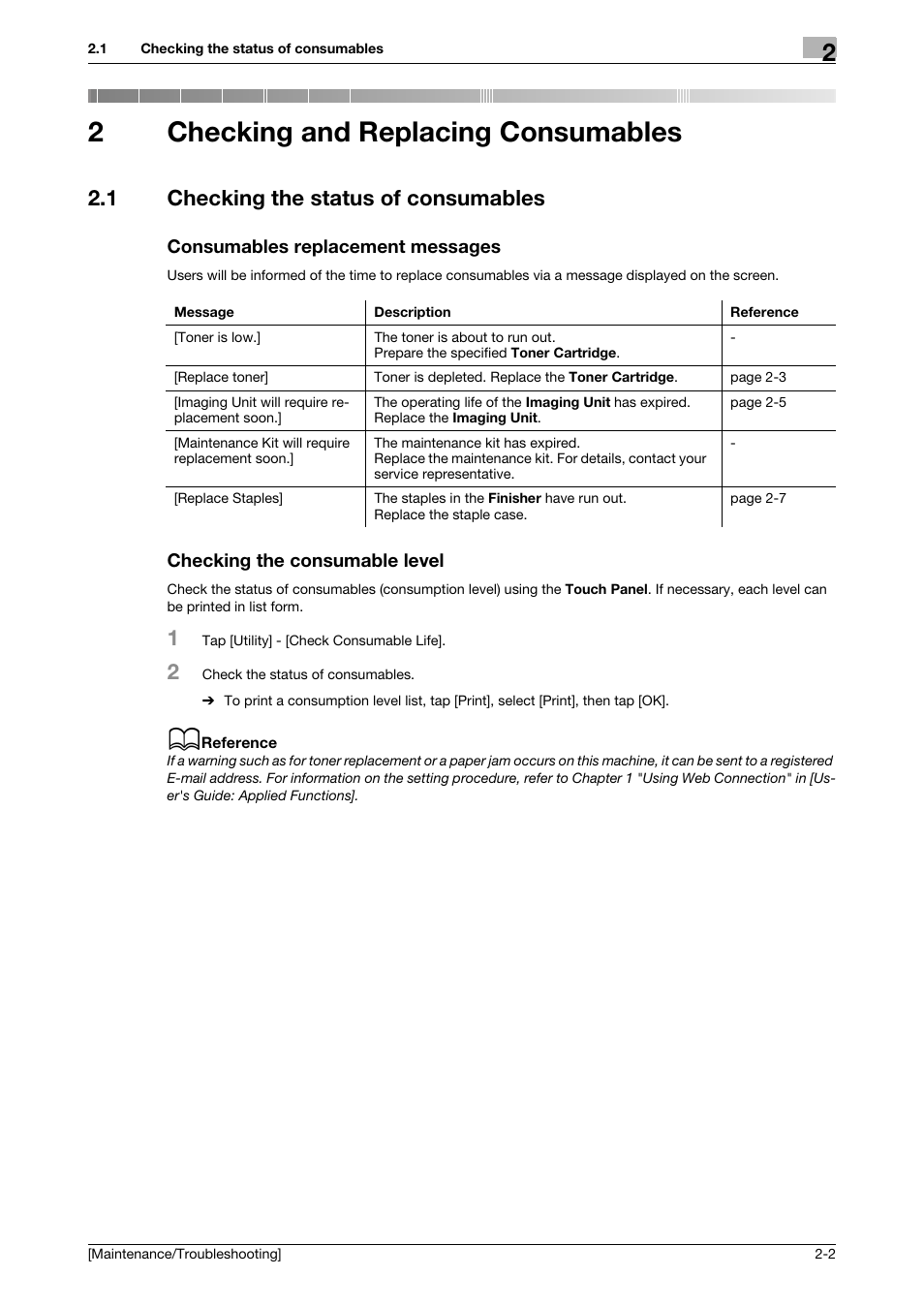 2 checking and replacing consumables, 1 checking the status of consumables, Consumables replacement messages | Checking the consumable level, Checking and replacing consumables, 2checking and replacing consumables | Konica Minolta bizhub 4050 User Manual | Page 10 / 56