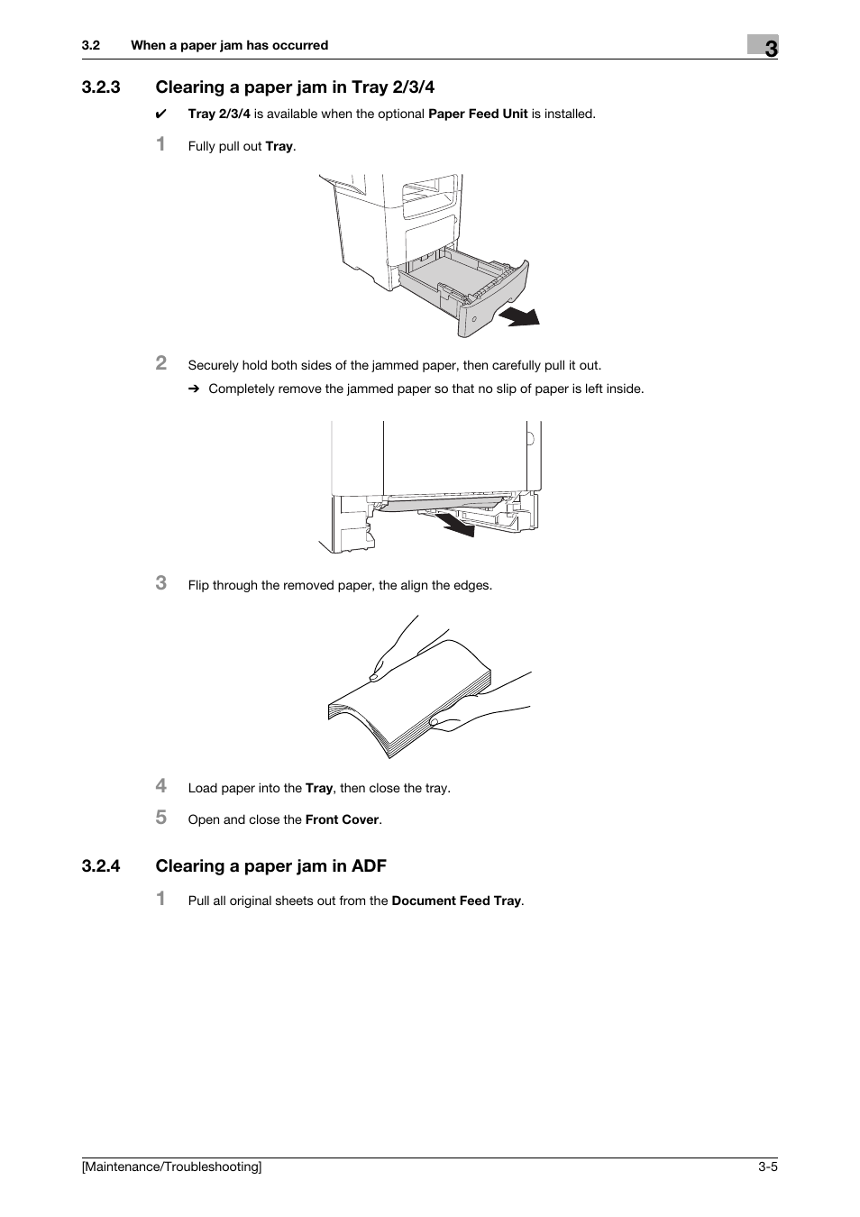 3 clearing a paper jam in tray 2/3/4, 4 clearing a paper jam in adf, Clearing a paper jam in tray 2/3/4 -5 | Clearing a paper jam in adf -5 | Konica Minolta bizhub 4050 User Manual | Page 22 / 56