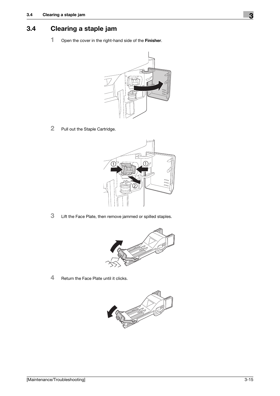 4 clearing a staple jam, Clearing a staple jam -15, 4 clearing a staple jam 1 | Konica Minolta bizhub 4050 User Manual | Page 32 / 56