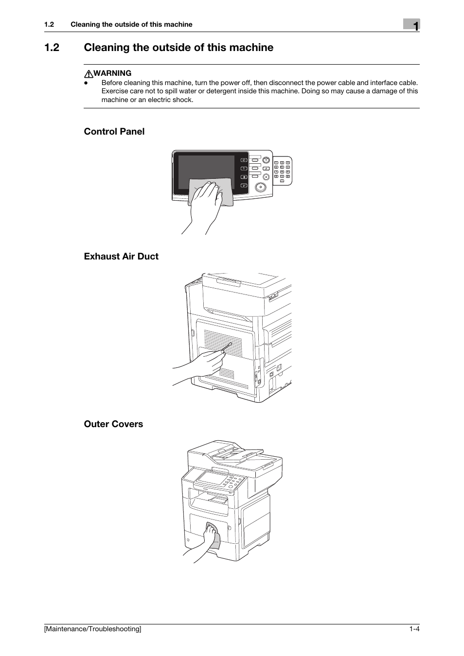 2 cleaning the outside of this machine, Control panel, Exhaust air duct | Outer covers | Konica Minolta bizhub 4050 User Manual | Page 7 / 56