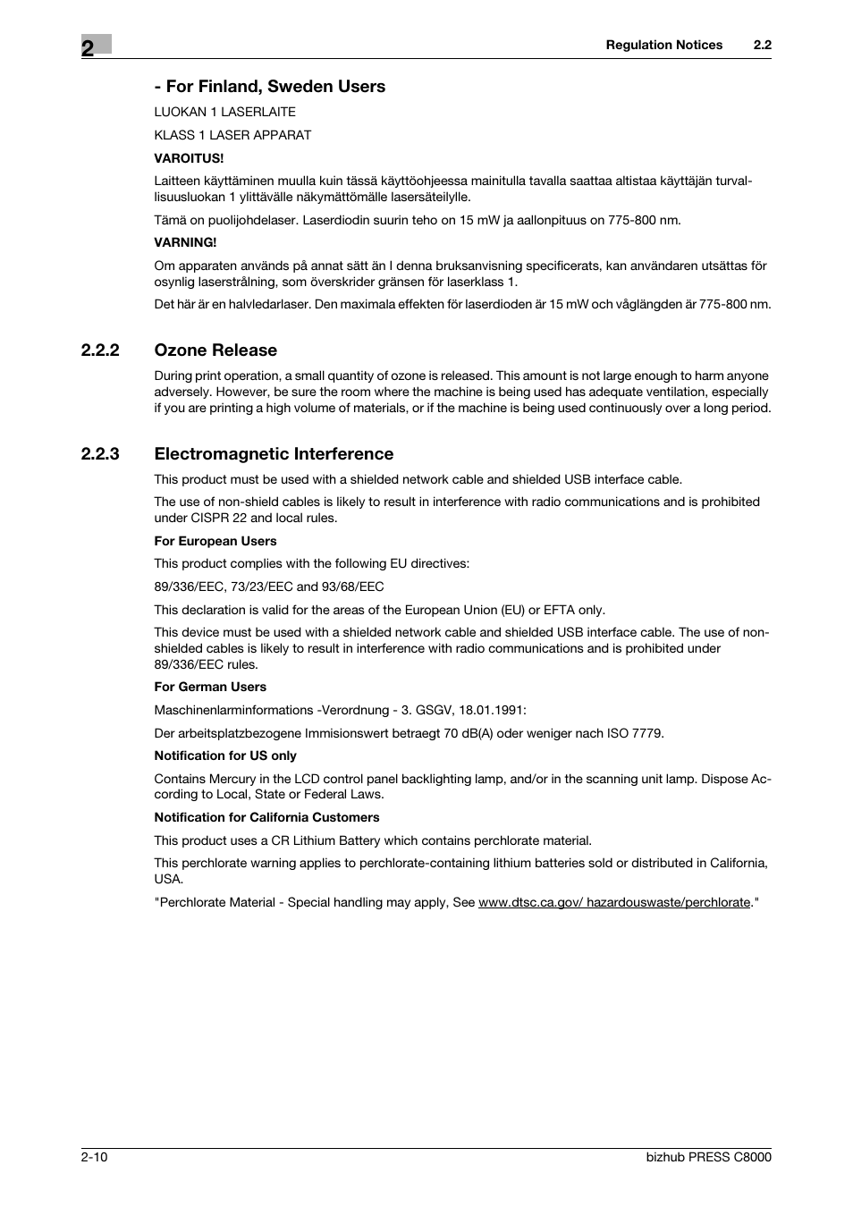2 ozone release, 3 electromagnetic interference, Ozone release -10 | Electromagnetic interference -10, For finland, sweden users | Konica Minolta bizhub PRESS C8000 User Manual | Page 17 / 50