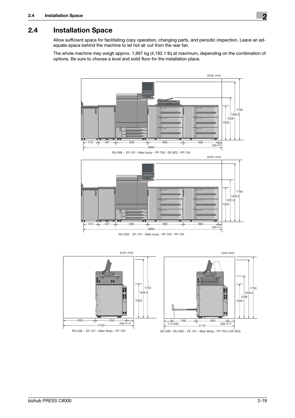 4 installation space, Installation space -19 | Konica Minolta bizhub PRESS C8000 User Manual | Page 26 / 50