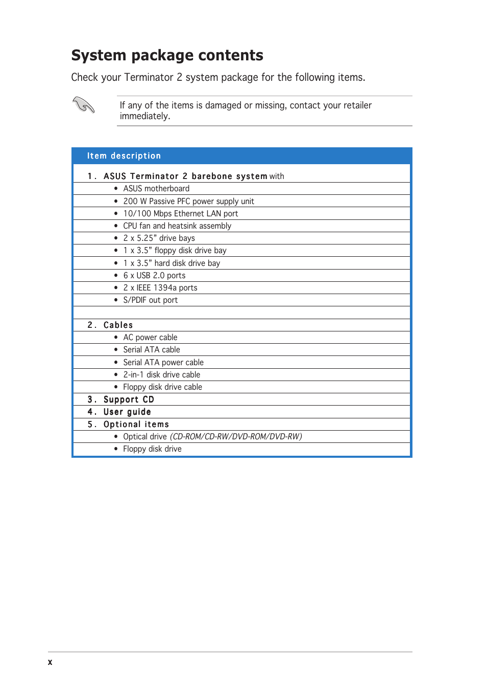 System package contents | Asus T2-AE1 User Manual | Page 10 / 104