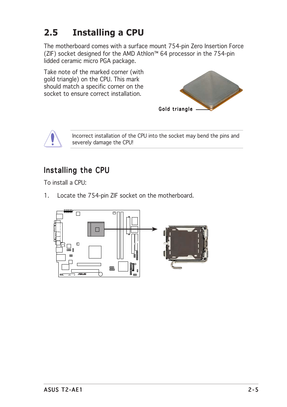 5 installing a cpu, Installing the cpu | Asus T2-AE1 User Manual | Page 23 / 104