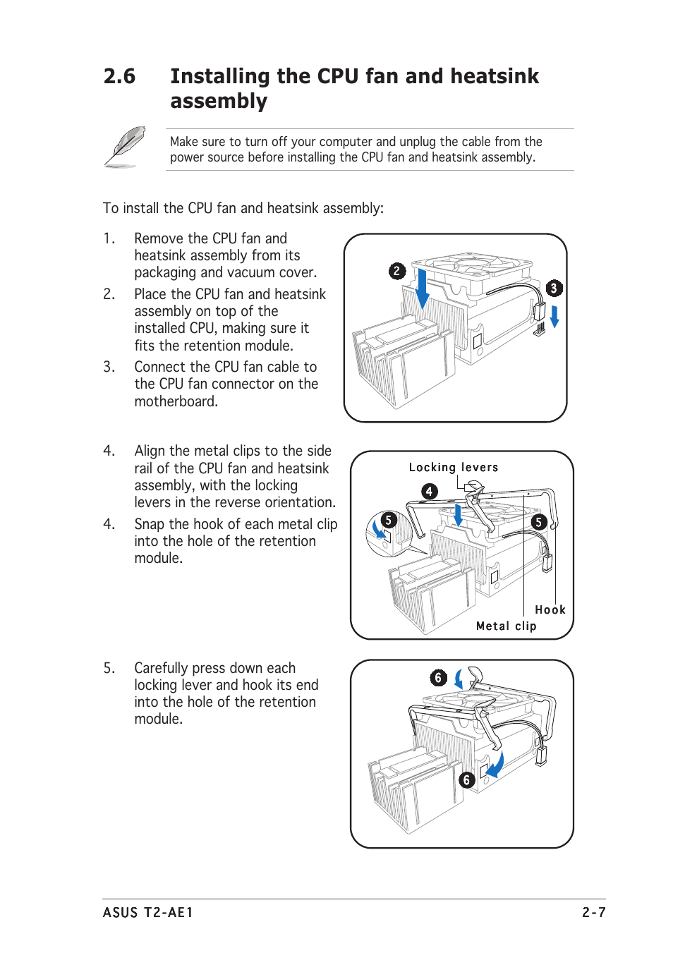 6 installing the cpu fan and heatsink assembly | Asus T2-AE1 User Manual | Page 25 / 104