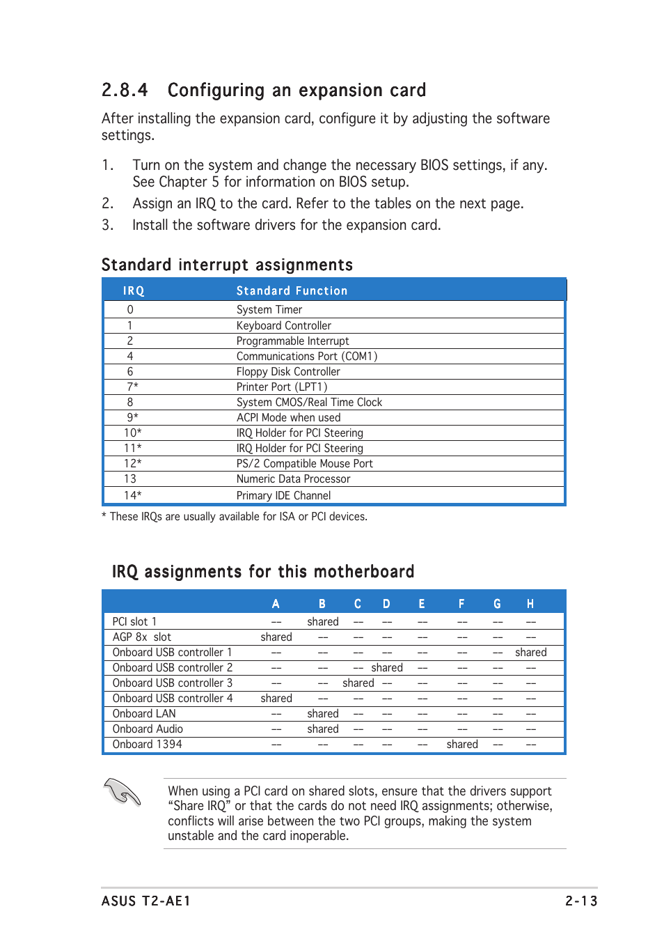 Standard interrupt assignments, Irq assignments for this motherboard | Asus T2-AE1 User Manual | Page 31 / 104