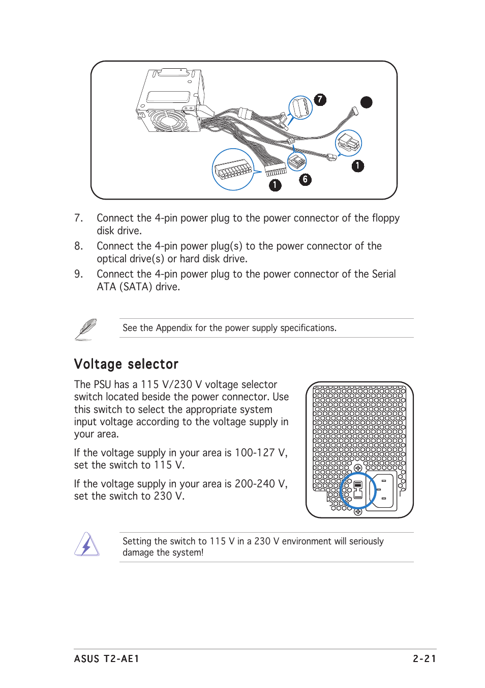 Voltage selector | Asus T2-AE1 User Manual | Page 39 / 104