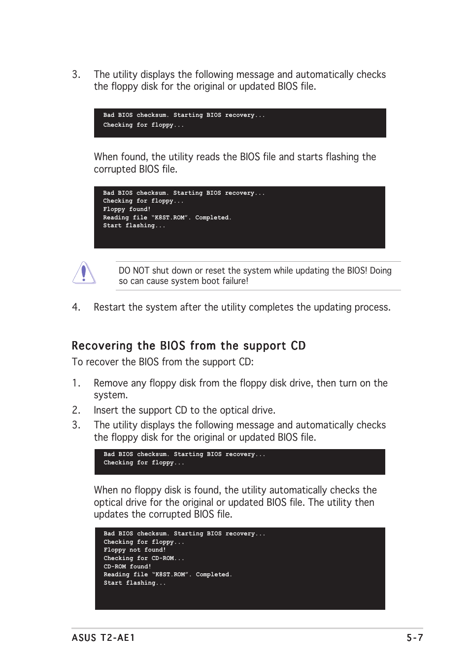 Recovering the bios from the support cd | Asus T2-AE1 User Manual | Page 71 / 104