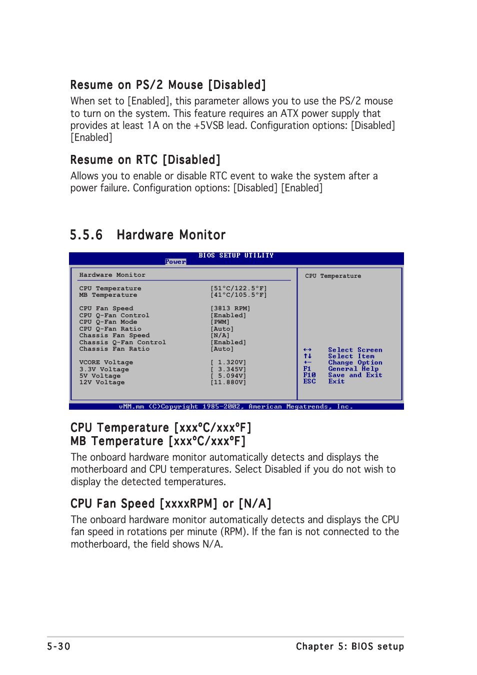 Cpu temperature [xxxºc/xxxºf, Resume on ps/2 mouse [disabled, Resume on rtc [disabled | Asus T2-AE1 User Manual | Page 94 / 104