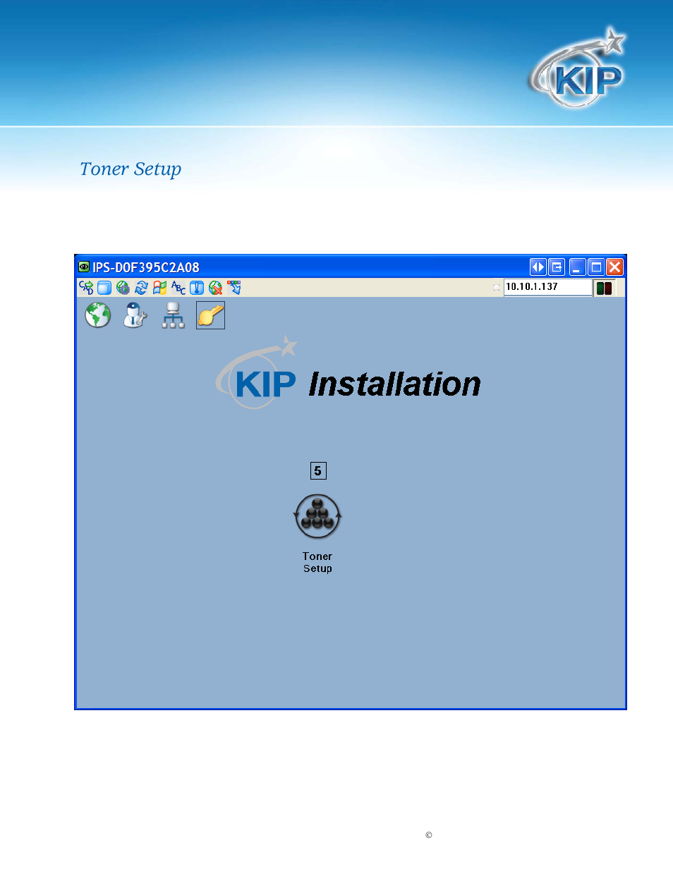 Kip system installation wizard, Toner setup | Konica Minolta KIP 7100 User Manual | Page 14 / 16