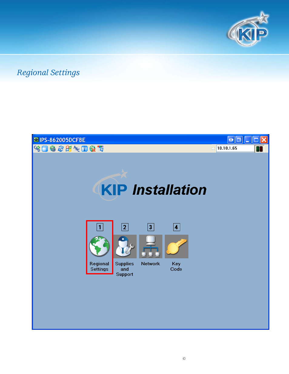 Kip system installation wizard, Regional settings | Konica Minolta KIP 7100 User Manual | Page 5 / 16