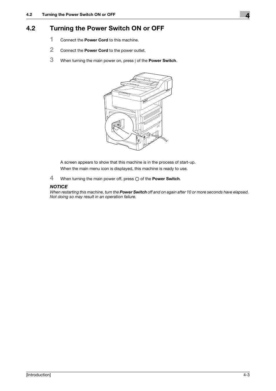 2 turning the power switch on or off, Turning the power switch on or off -3, 2 turning the power switch on or off 1 | Konica Minolta bizhub 4050 User Manual | Page 28 / 86