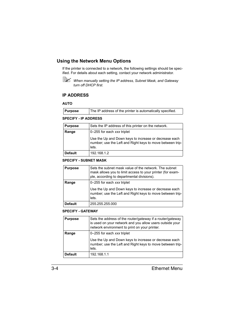 Using the network menu options, Ip address, Using the network menu options -4 | Ip address -4, Ethernet menu 3-4 using the network menu options | Konica Minolta magicolor 3730DN User Manual | Page 113 / 185