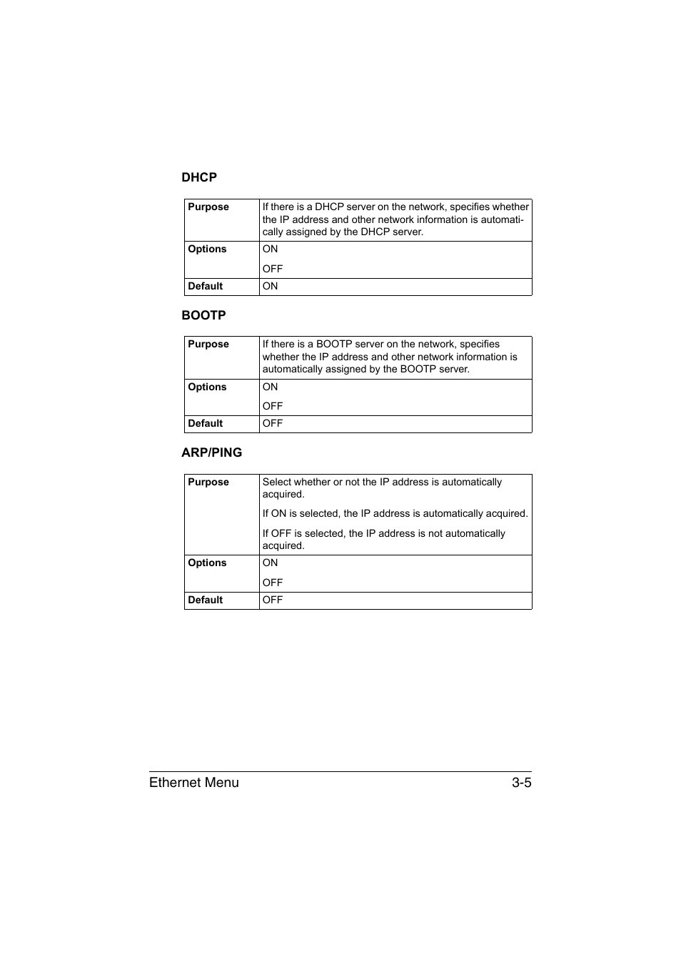 Dhcp, Bootp, Arp/ping | Dhcp -5 bootp -5 arp/ping -5, Ethernet menu 3-5 | Konica Minolta magicolor 3730DN User Manual | Page 114 / 185