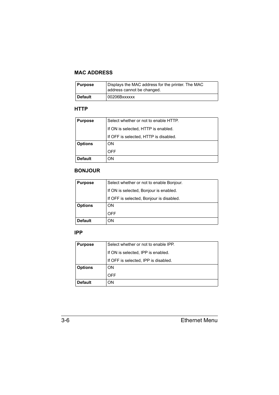 Mac address, Http, Bonjour | Mac address -6 http -6 bonjour -6 ipp -6, Ethernet menu 3-6 | Konica Minolta magicolor 3730DN User Manual | Page 115 / 185