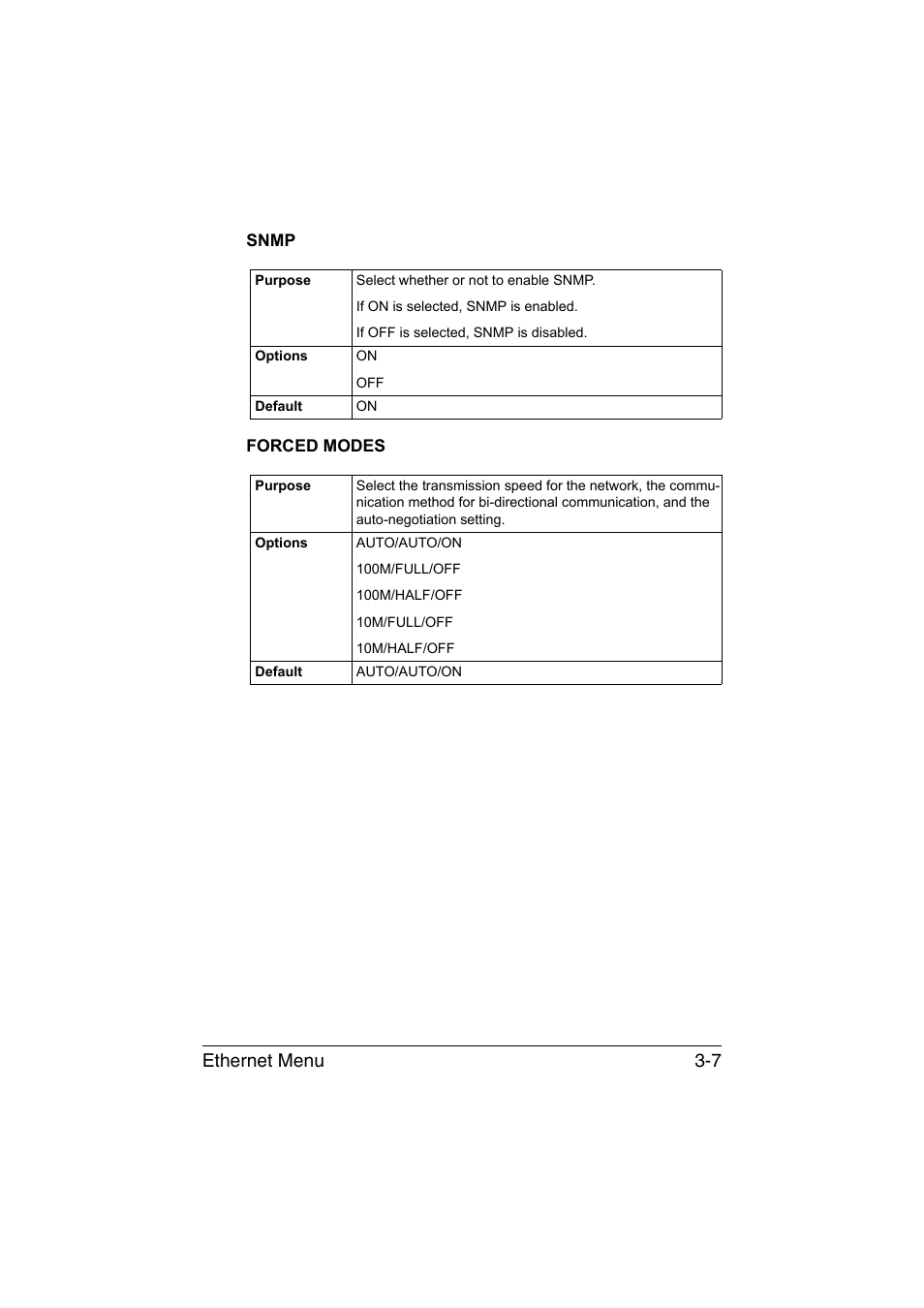 Snmp, Forced modes, Snmp -7 forced modes -7 | Ethernet menu 3-7 | Konica Minolta magicolor 3730DN User Manual | Page 116 / 185