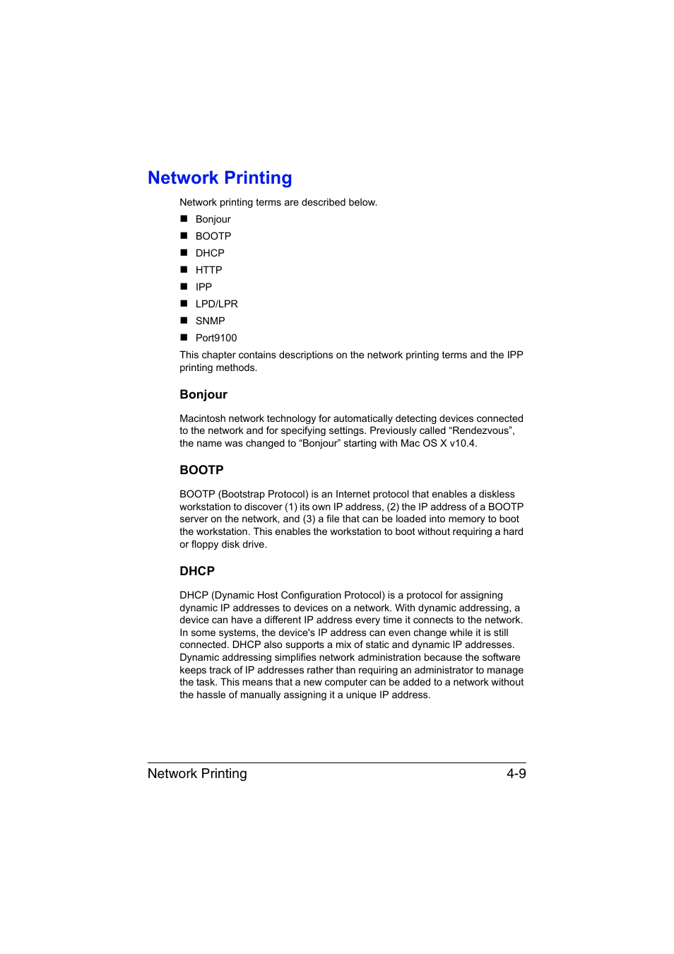 Network printing, Bonjour, Bootp | Dhcp, Network printing -9, Bonjour -9 bootp -9 dhcp -9, Network printing 4-9 | Konica Minolta magicolor 3730DN User Manual | Page 126 / 185