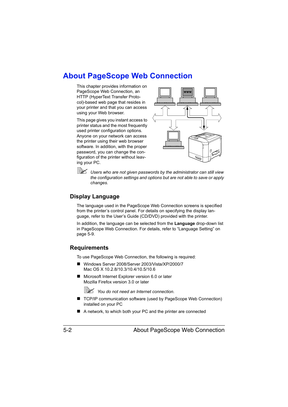 Display language, Requirements, Display language -2 requirements -2 | About pagescope web connection | Konica Minolta magicolor 3730DN User Manual | Page 139 / 185