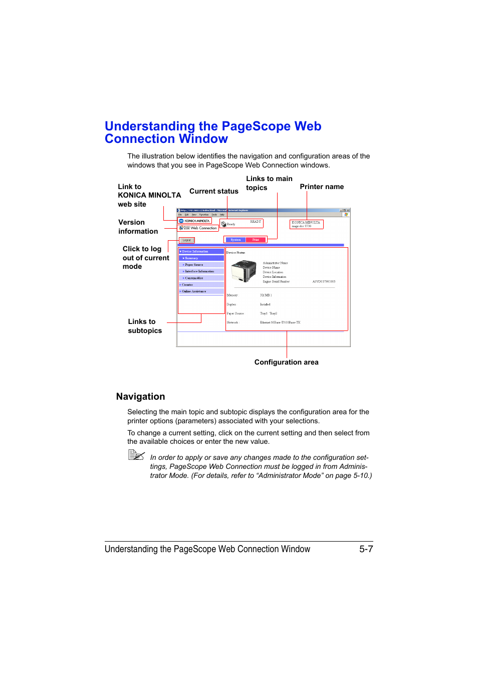 Navigation, Navigation -7, Understanding the pagescope web connection window | Konica Minolta magicolor 3730DN User Manual | Page 144 / 185