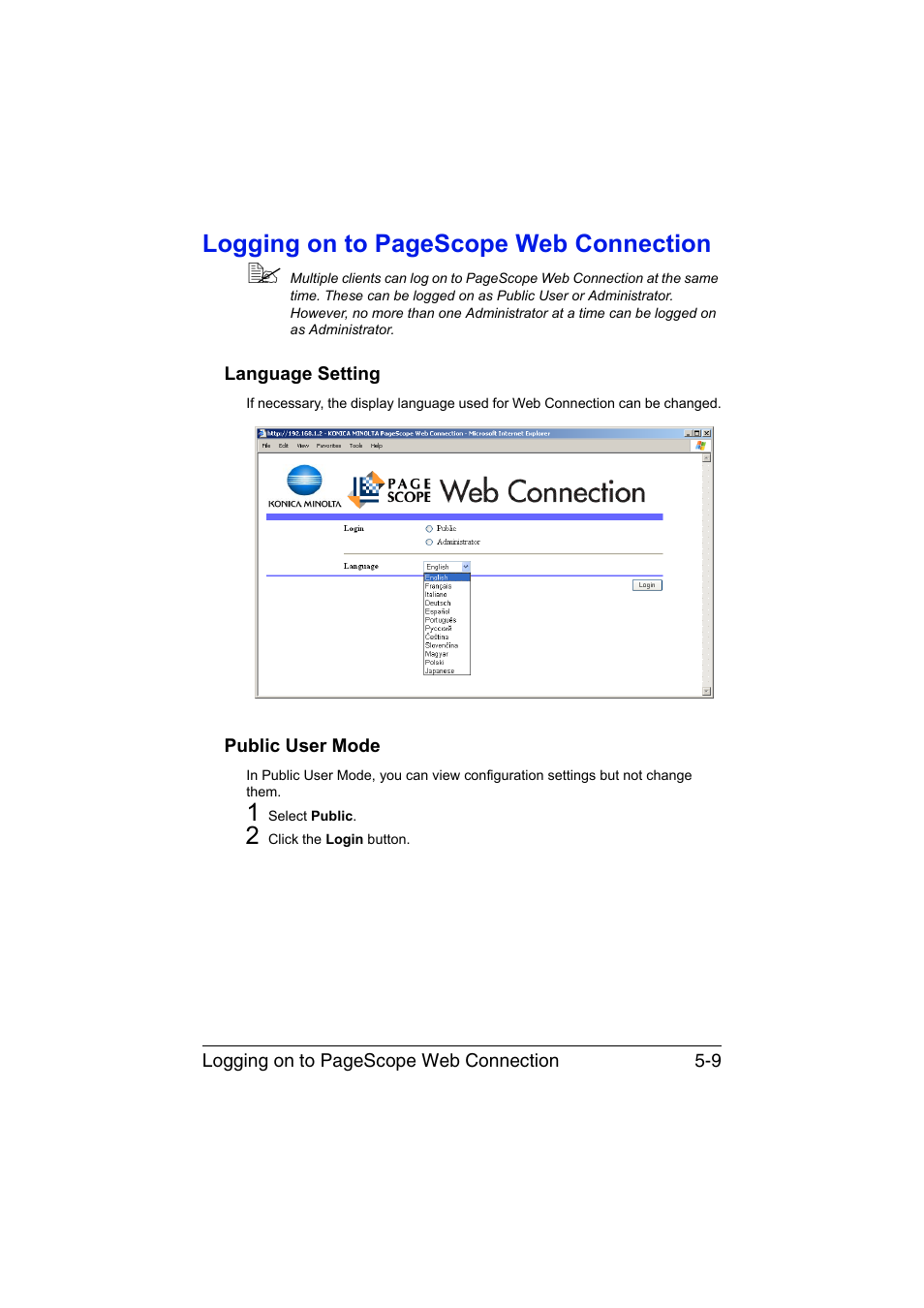 Language setting, Public user mode, Language setting -9 public user mode -9 | Logging on to pagescope web connection | Konica Minolta magicolor 3730DN User Manual | Page 146 / 185