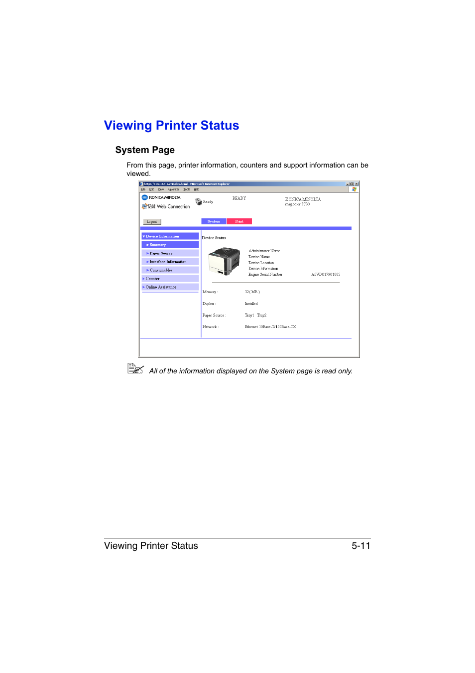 Viewing printer status, Viewing printer status -11 | Konica Minolta magicolor 3730DN User Manual | Page 148 / 185