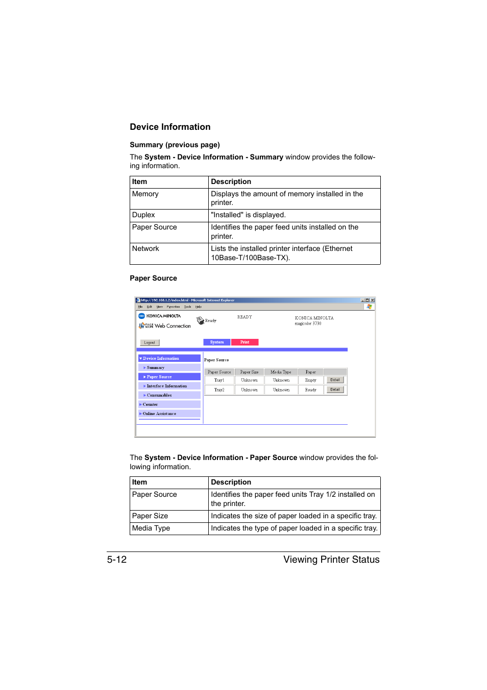 Device information, Device information -12, Viewing printer status 5-12 | Konica Minolta magicolor 3730DN User Manual | Page 149 / 185