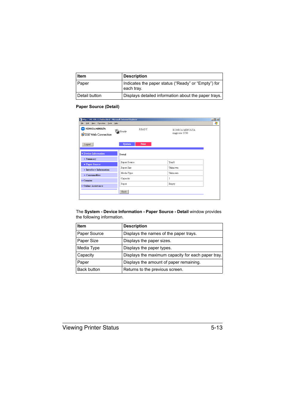 Viewing printer status 5-13 | Konica Minolta magicolor 3730DN User Manual | Page 150 / 185