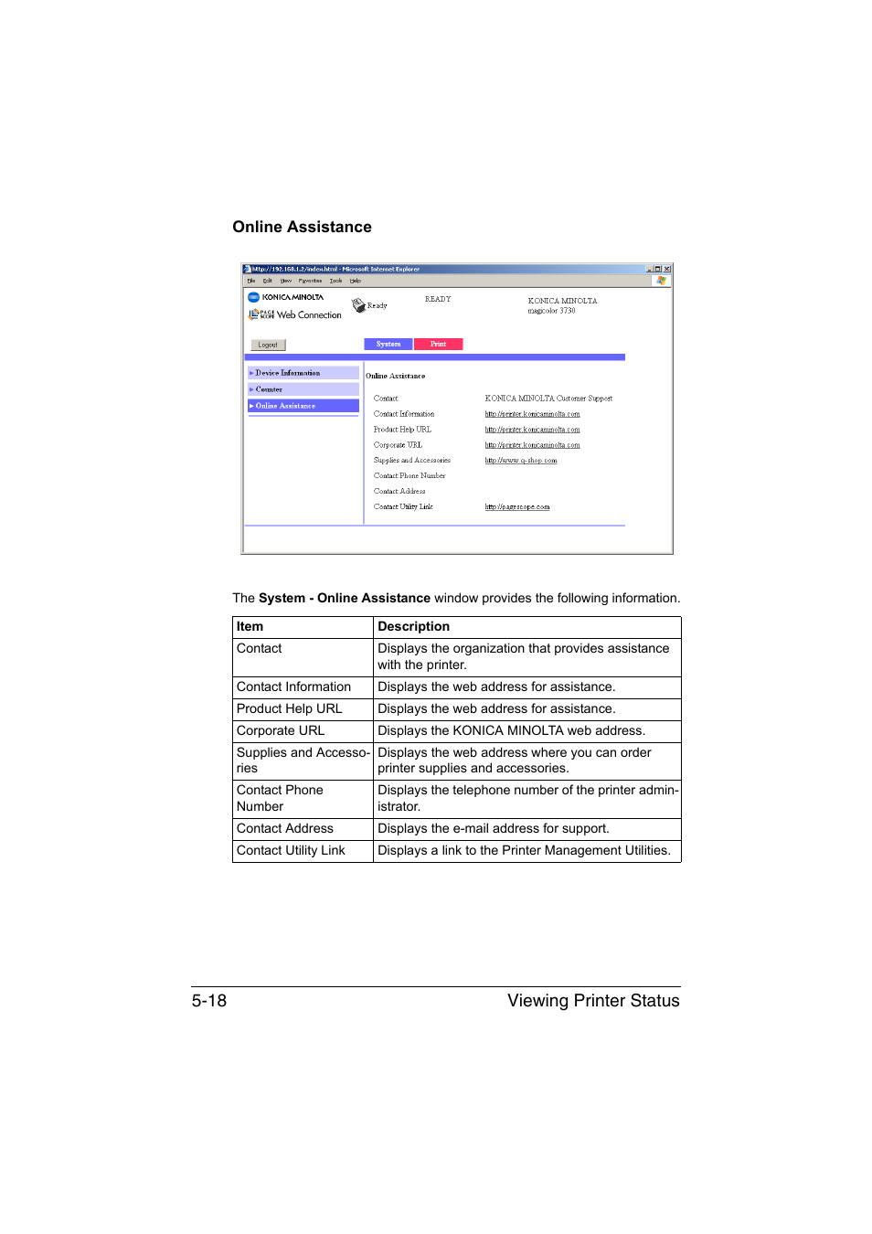 Online assistance, Online assistance -18, Viewing printer status 5-18 | Konica Minolta magicolor 3730DN User Manual | Page 155 / 185