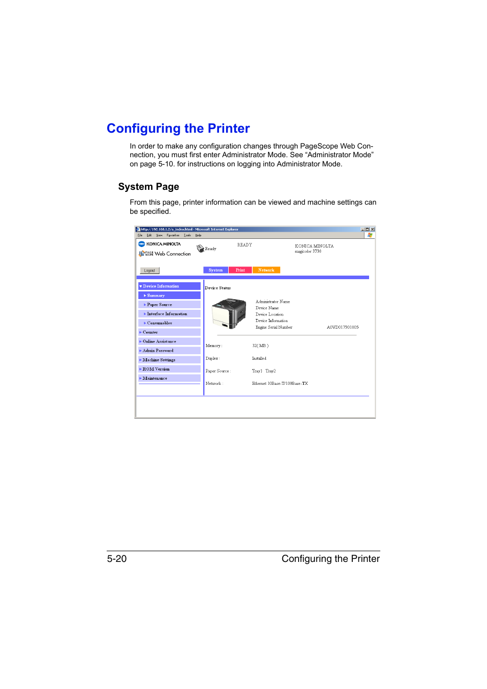 Configuring the printer, Configuring the printer -20 | Konica Minolta magicolor 3730DN User Manual | Page 157 / 185