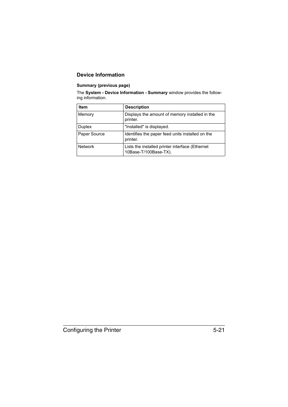 Device information, Device information -21, Configuring the printer 5-21 | Konica Minolta magicolor 3730DN User Manual | Page 158 / 185