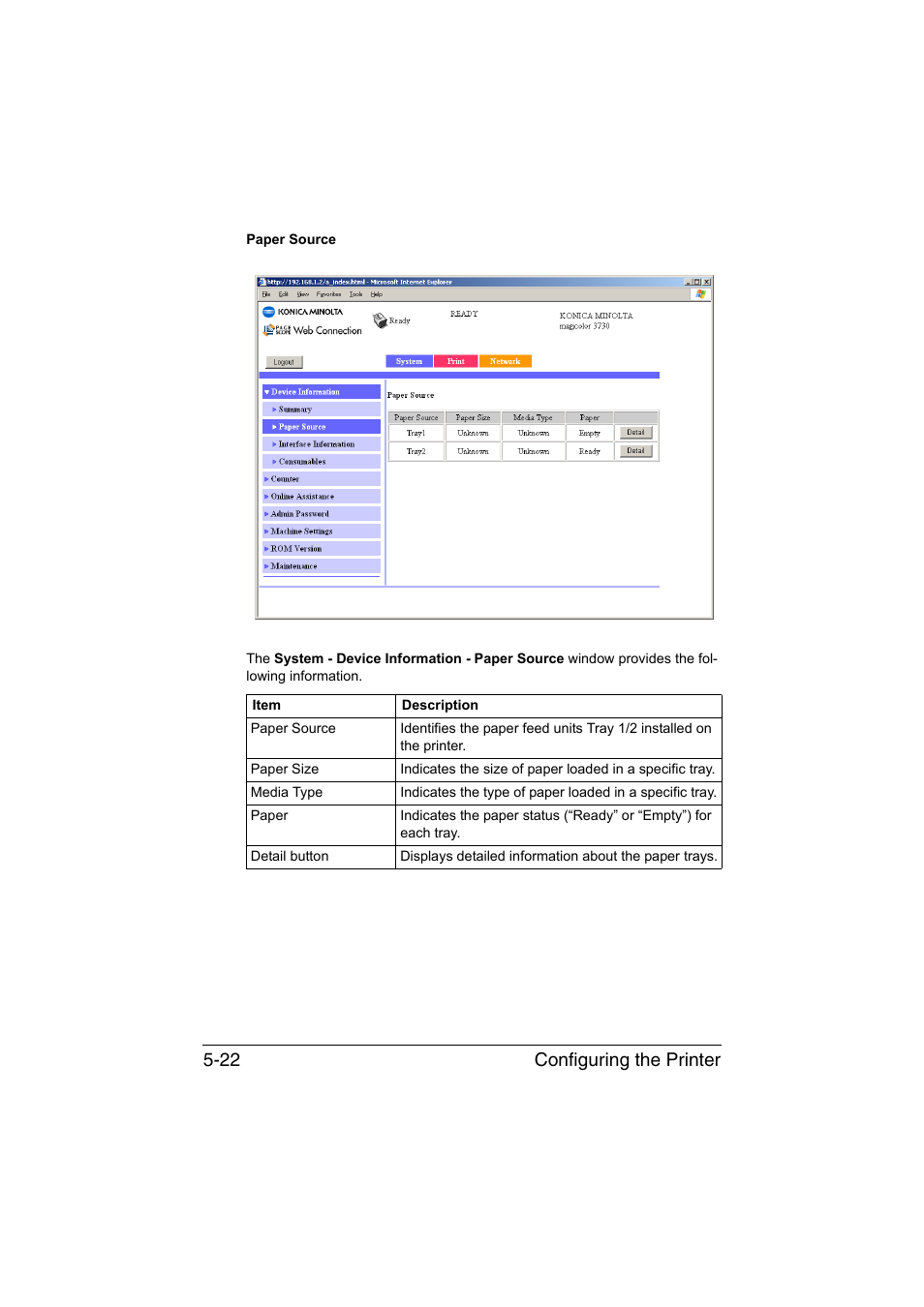 Configuring the printer 5-22 | Konica Minolta magicolor 3730DN User Manual | Page 159 / 185