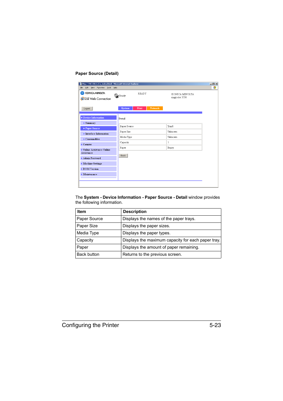 Configuring the printer 5-23 | Konica Minolta magicolor 3730DN User Manual | Page 160 / 185