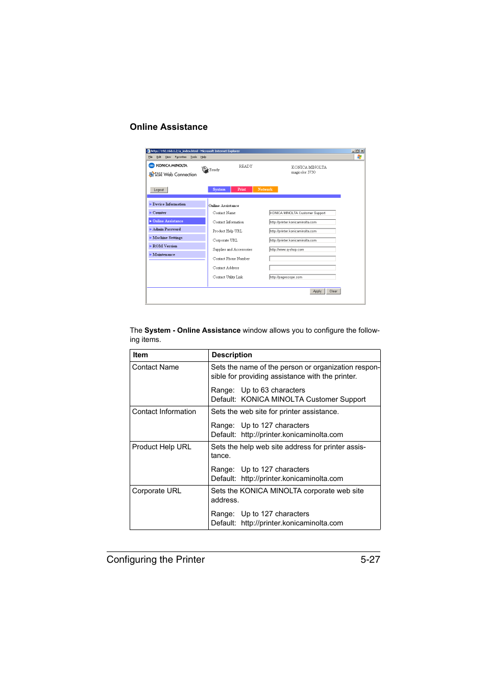 Online assistance, Online assistance -27, Configuring the printer 5-27 | Konica Minolta magicolor 3730DN User Manual | Page 164 / 185
