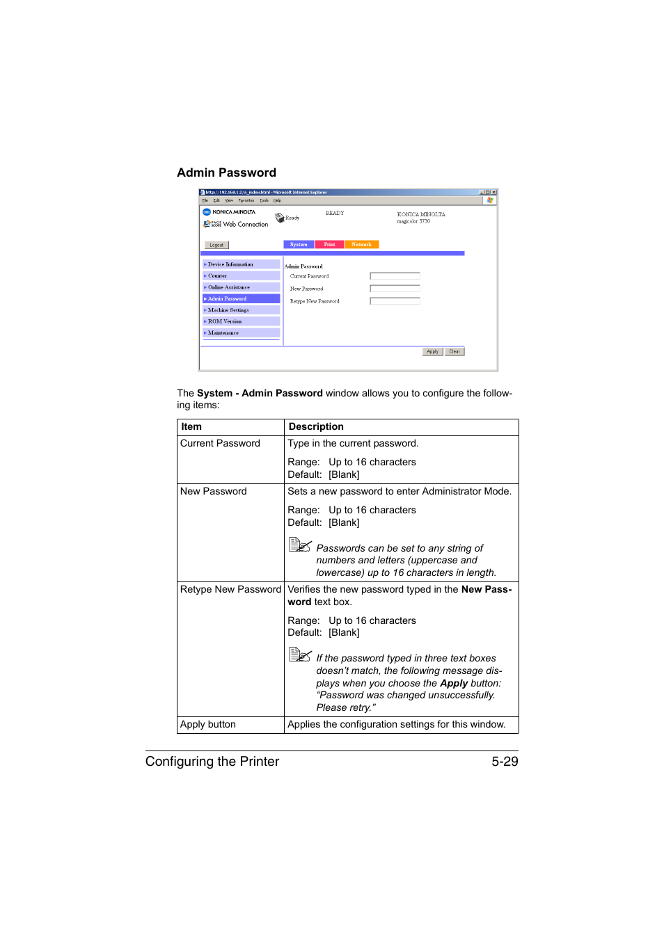 Admin password, Admin password -29 | Konica Minolta magicolor 3730DN User Manual | Page 166 / 185