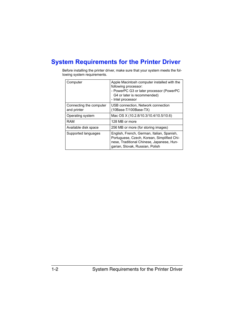 System requirements for the printer driver, System requirements for the printer driver -2, System requirements for the printer driver 1-2 | Konica Minolta magicolor 3730DN User Manual | Page 17 / 185