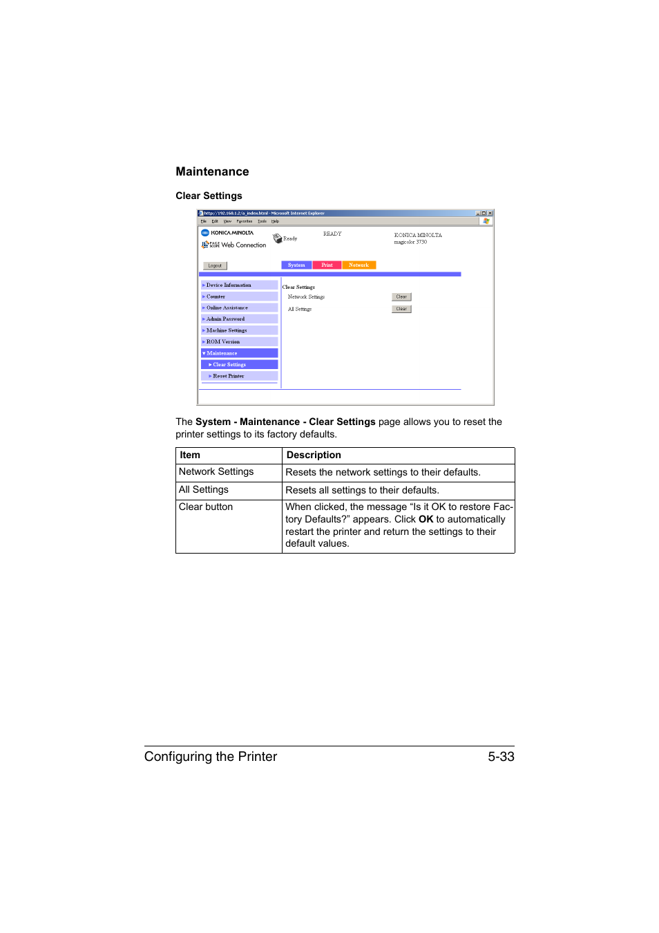 Maintenance, Maintenance -33, Configuring the printer 5-33 | Konica Minolta magicolor 3730DN User Manual | Page 170 / 185
