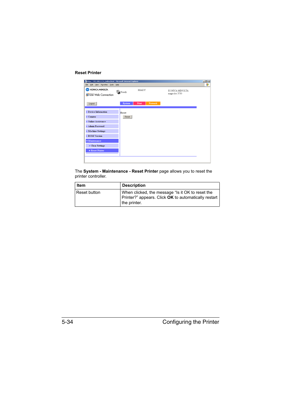 Configuring the printer 5-34 | Konica Minolta magicolor 3730DN User Manual | Page 171 / 185