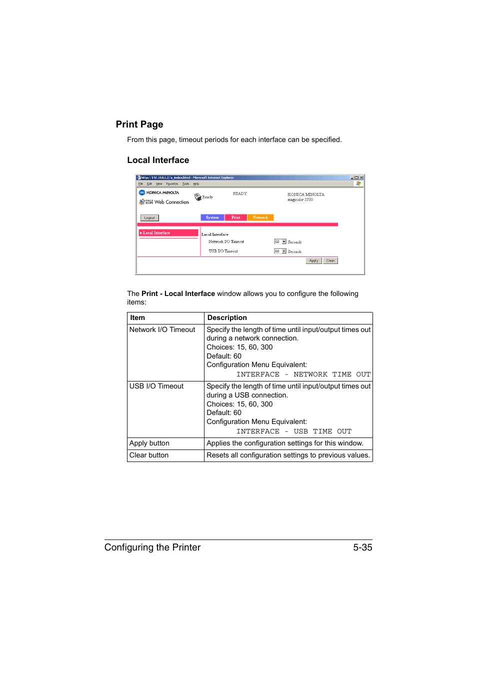 Local interface, Local interface -35, Configuring the printer 5-35 print page | Konica Minolta magicolor 3730DN User Manual | Page 172 / 185